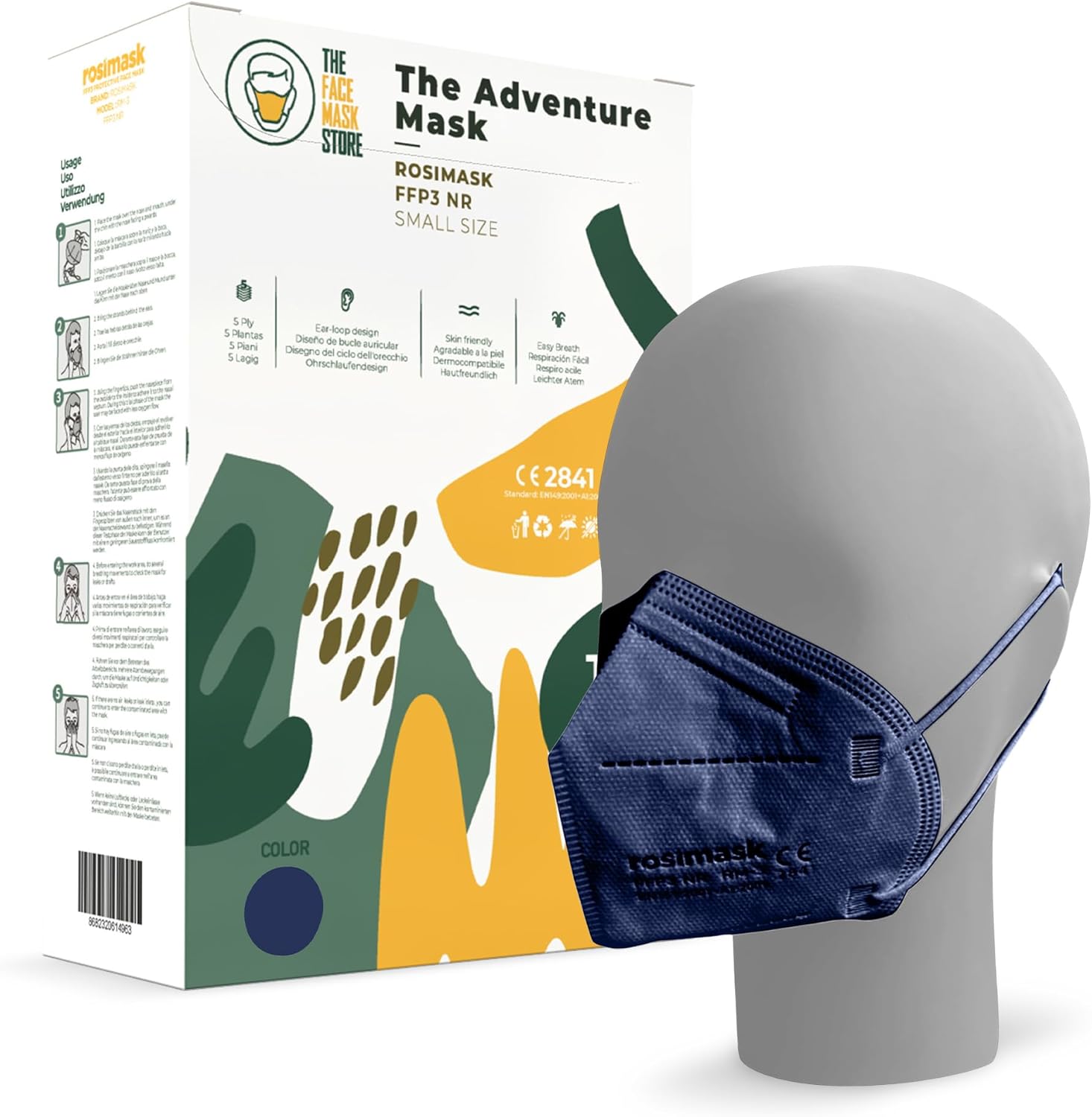 The Adventure Face Mask FFP3 with Ear Loops, Safety Mask, 5 Layer, Ce Certified, Ppe Masks, Box of 10, Blue