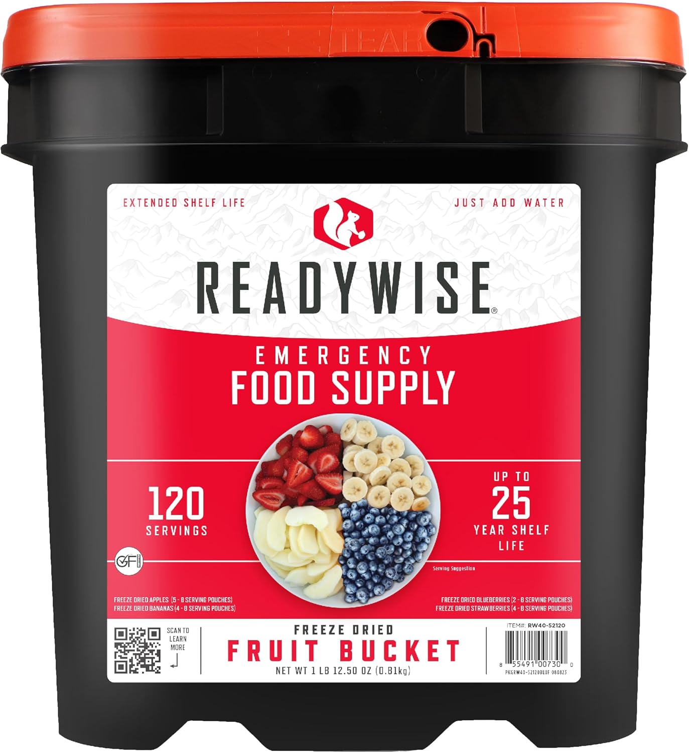 ReadyWise, 120 Servings, Fruit Bucket, Freeze Dried, Banana, Strawberry, Apple, Peach, Up To 25 Years Shelf Life, Emergency Food