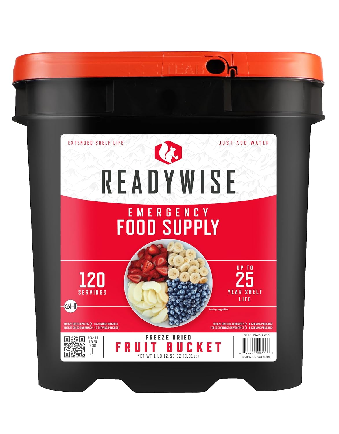 READYWISE - Emergency Food Supply, Fruit Bucket, 120 Servings, MRE, Premade, Freeze Dried Survival Food for Hiking, Adventure & Camping Essentials, Individually Packaged, 20 Year Shelf Life