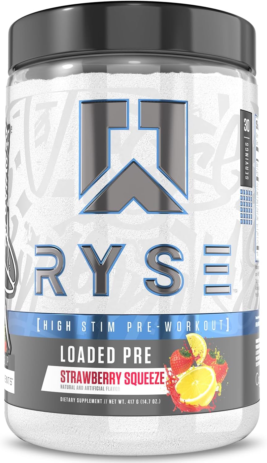 RYSE Loaded Pre Workout Powder - Strawberry Squeeze - Daily Pre-Workout for Men & Women with 390mg Caffeine, Beta Alanine, and Citrulline for Pump, Focus, and Energy - 30 Servings