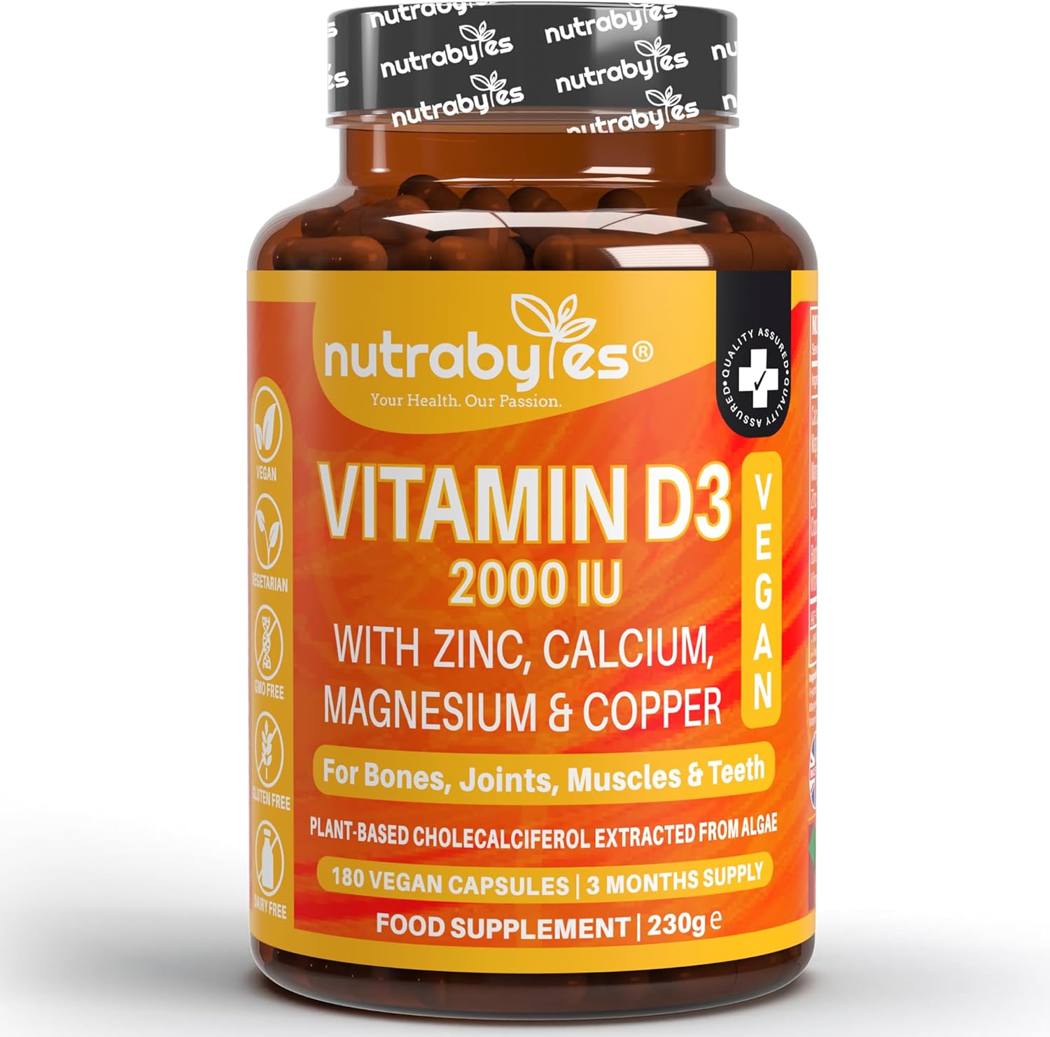 Nutrabytes Vitamin D3 2000iu, 180 Capsules | High Strength Supplement with Zinc, Calcium, Magnesium & Copper | Vegan Vitamins & Minerals to Support Bones, Muscles, Teeth, Energy & Immunity | 3 Months