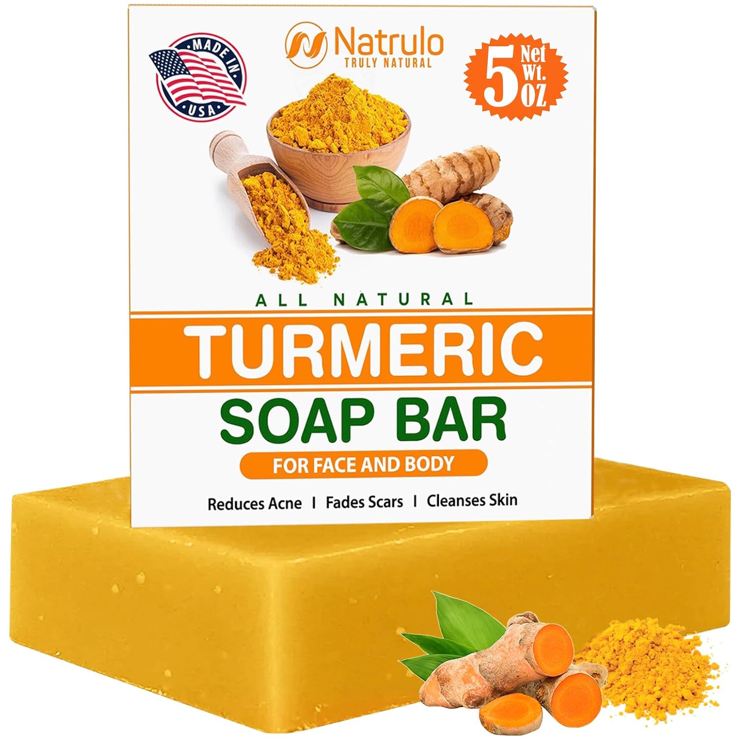 Natural Turmeric Soap Bar for Face & Body – Turmeric Skin Brightening Soap for Dark Spots, Intimate Areas, Underarms – Exfoliating Face Wash Reduces Acne, Fades Scars & Cleanses Skin – 5oz Bath Bar