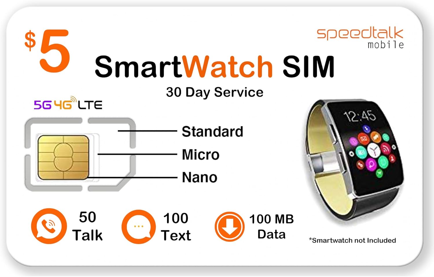 SpeedTalk Mobile $5 Prepaid Smart Watch SIM Card Kit for 5G 4G LTE Smartwatch, Wearables | Triple Cut 3 in 1 Simcard - Standard Micro Nano | No Contract | USA Coverage 30 Days Service