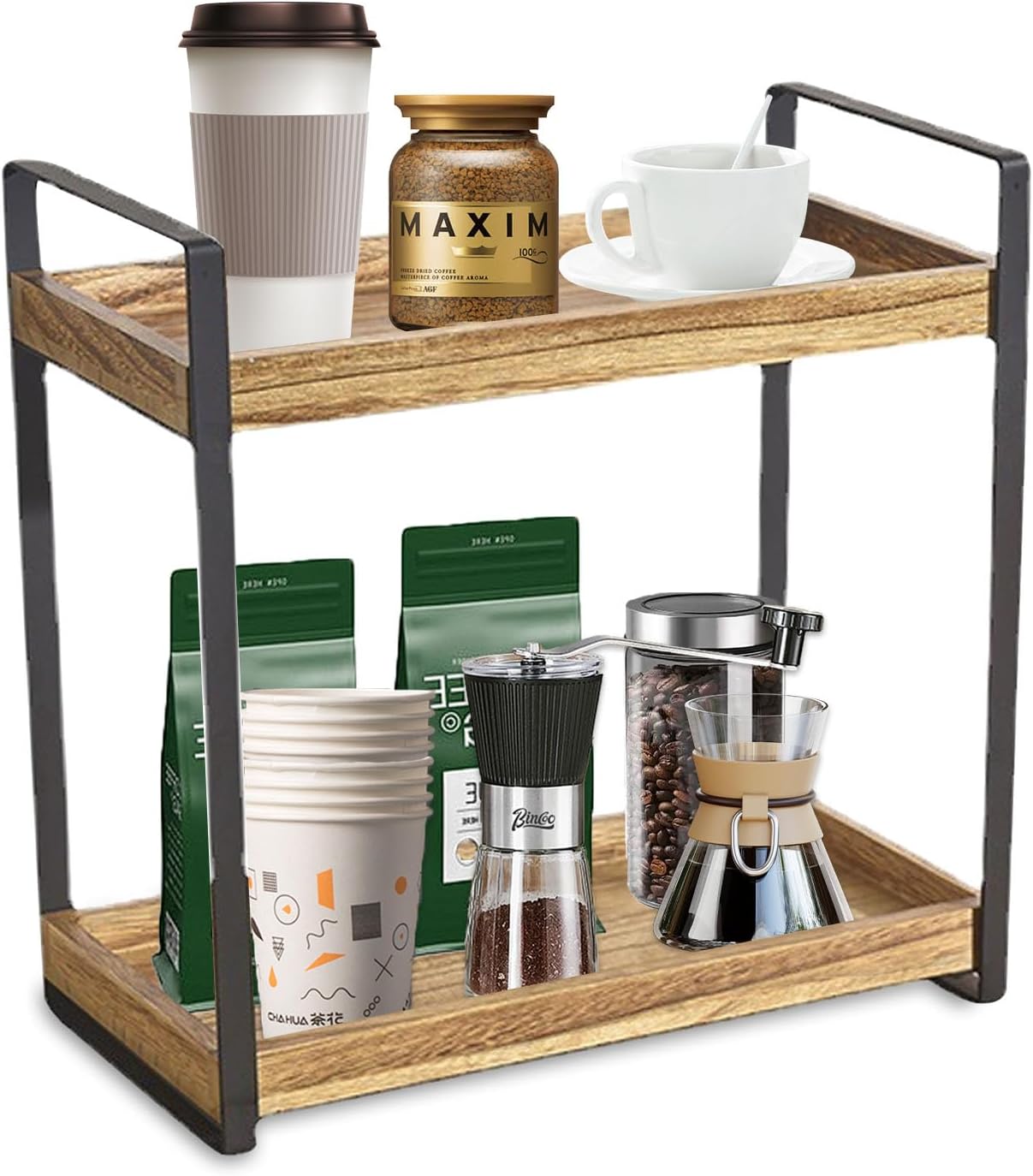 Gzsekken Coffee Station,2 Tier Coffee Bar Accessories Organiser,Wooden Kitchen Counter Shelf,Coffee Condiment Storage, Standing Coffee Station and Organiser,Coffee Caddy for Kitchen, Home,Office