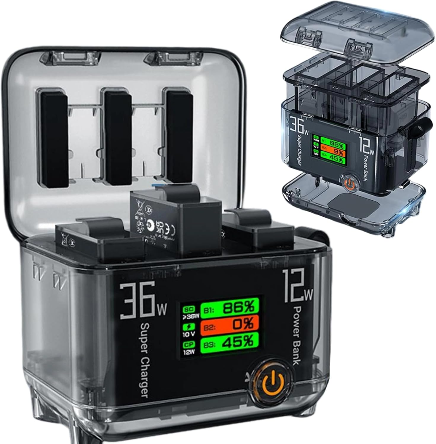 Battery Charger Set for DJI Osmo Action 5 Pro/4/3Multifuntional Battery Case for DJI Osmo Action 5 Pro Accessories, Intelligent OLED Screen Triple-Slot 36w USB Power Delivery (PD) Fast Charging Case