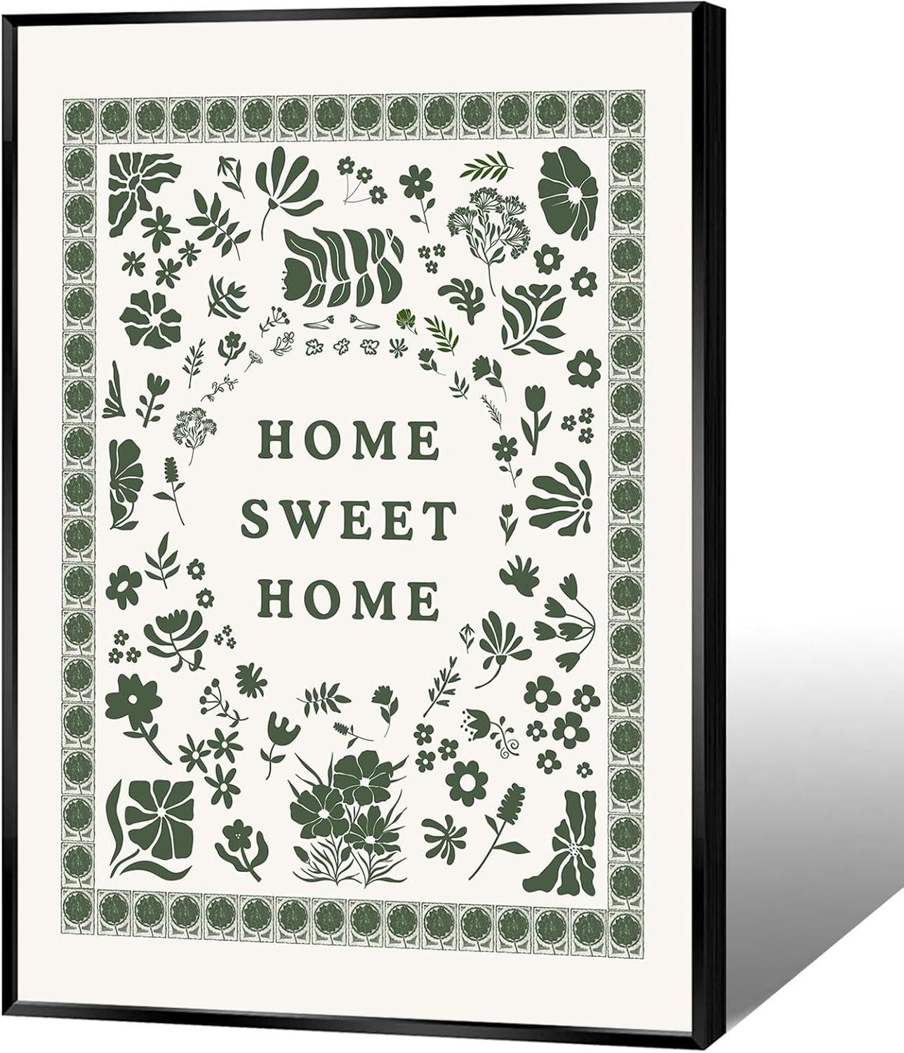 KIJDID Green Home Sweet Home Canvas Wall Art Retro Green Botanical Floral Pattern Poster Warming Quotes Canvas Painting Farmhouse Flowers Print For Bedroom Living Room Bathroom Decor 8x12in Framed