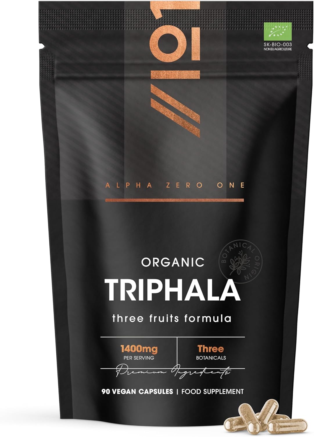 Organic Triphala 1400mg - 90 Vegan Capsules – Potent Three Fruits Formula Supplement (Phyllanthus Emblica, Terminalia Bellirica & Terminalia Chebula) - By Alpha01