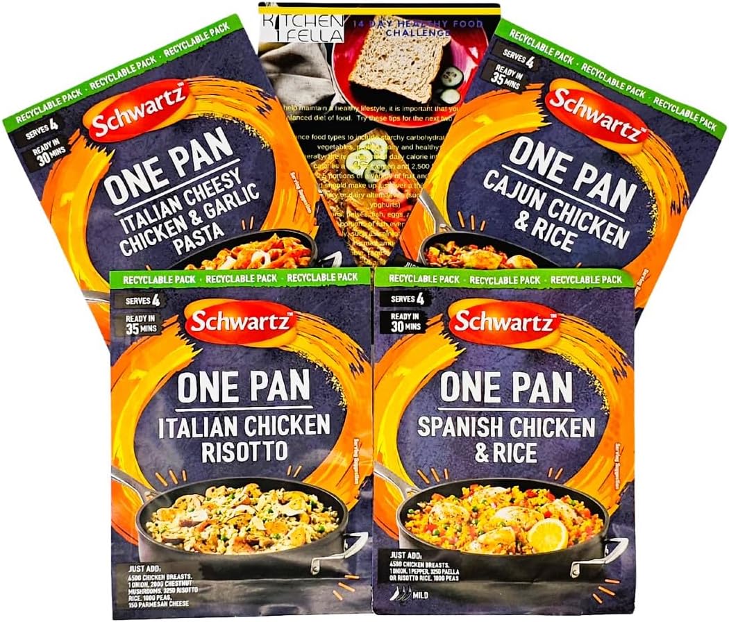 Schwartz One Pan Meal Kits, Spanish Chick & Rice, Cajun Chick & Rice, Italian Cheesy Chick & Garlic Pasta and Italian Chicken Risotto and Kitchenfella 14 Day Healthy Eating Postcard