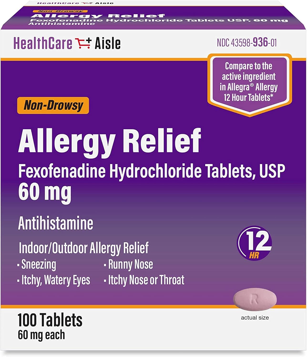 HealthCareAisle Allergy Relief - Fexofenadine Hydrochloride Tablets USP, 60 mg - 100 Tablets - Non-Drowsy Antihistamine, 12-Hour Allergy Medicine
