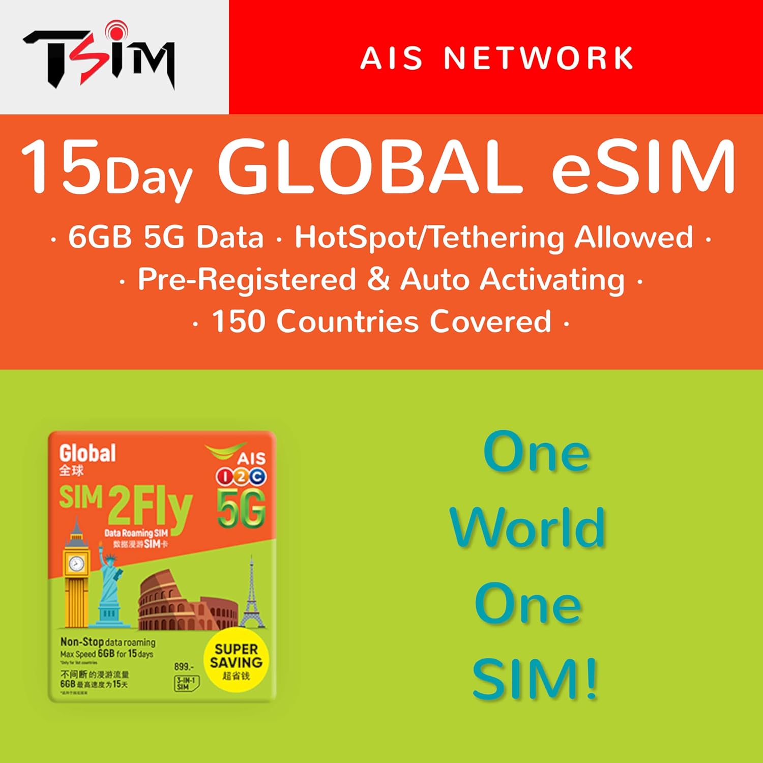 TSIM Global eSIM Card | 15 Days 6GB | Now with 5G Network | Auto Activating | 150 Countries Covered: Asia, Europe, America, Australia & Africa