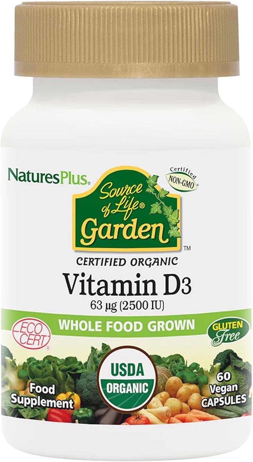 NaturesPlus Source of Life Garden Vitamin D3 2500IU Capsules - Organic and Vegan Vitamin D3 Supplement for Bone and Immune Support - Gluten Free - 60 Servings