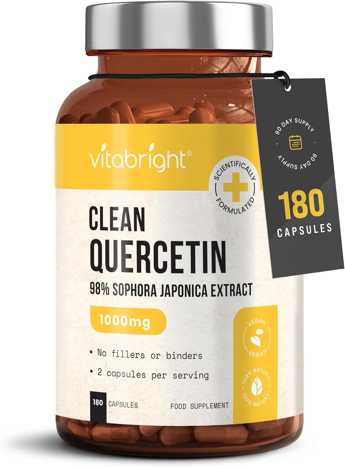 VitaBright Quercetin Supplement 1000mg | 180 Capsules - 2 Daily | 500mg Capsules - Take 2 Daily | Quercetin Powder Bio Flavonoids Supplements | Vegan | No Additives | Made in Britain