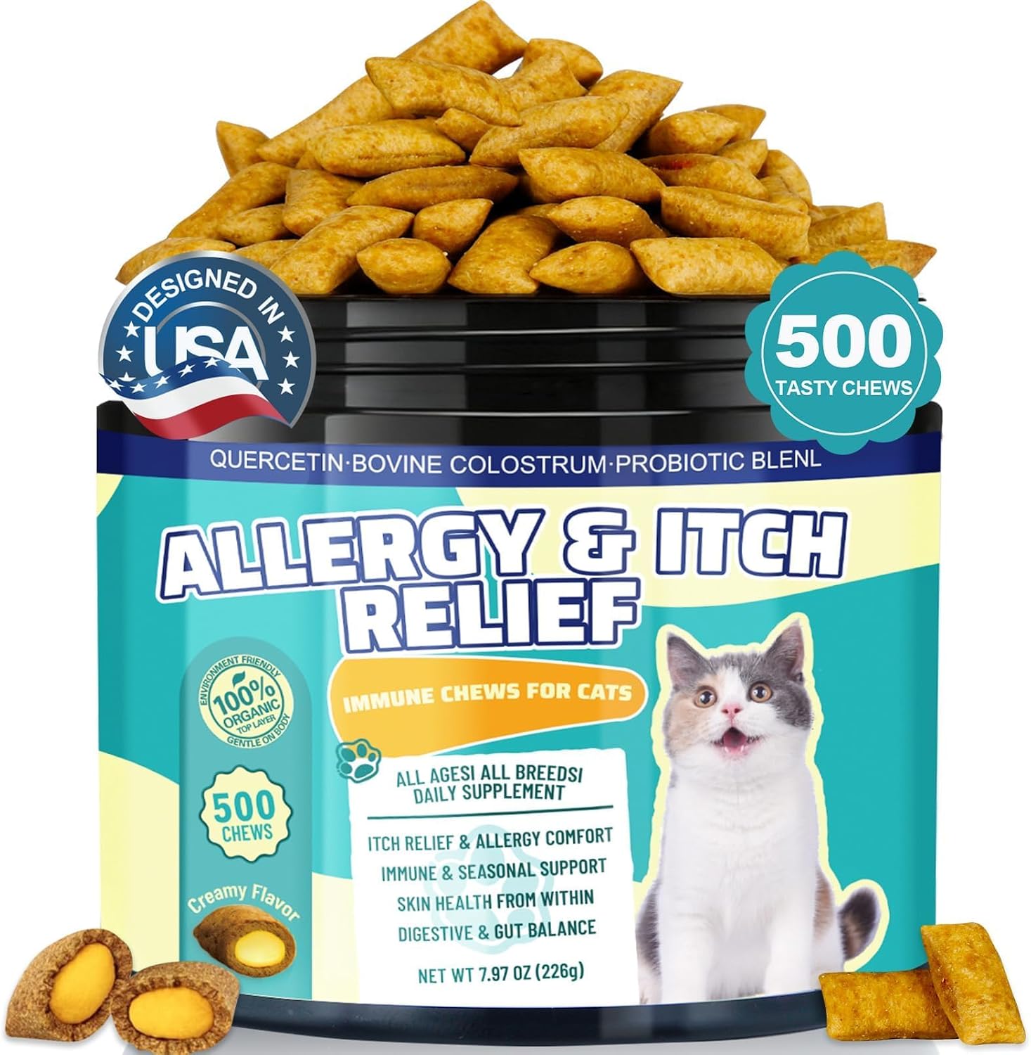 L-Lysine Chews for Cats 500 Chews, with Colostrum & Omega-3s for Soothes Sneezing, Runny Nose & Itchy Skin, for All Ages & Breeds Cats