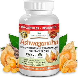 UDAF Certified Organic Ashwagandha with Black Pepper - 180 Capsules - 1965mg Extra Strength for Stress, Sleep, Mood, Thyroid, Focus, Hair, Vegan Pure Root Extract Powder - Men and Women Supplements