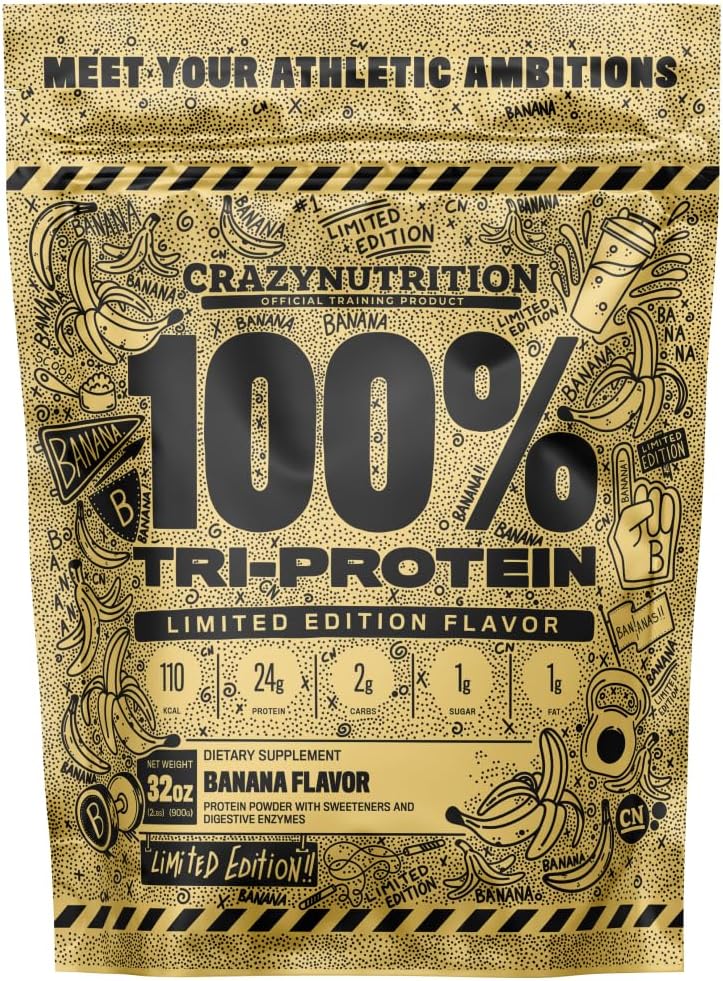 Crazy Nutrition 100% Tri Protein - Whey Protein Isolate Powder Shake for Optimum Muscle Gains, 24g Protein per Serving, 4 Flavours, Low Calorie (900, Banana)
