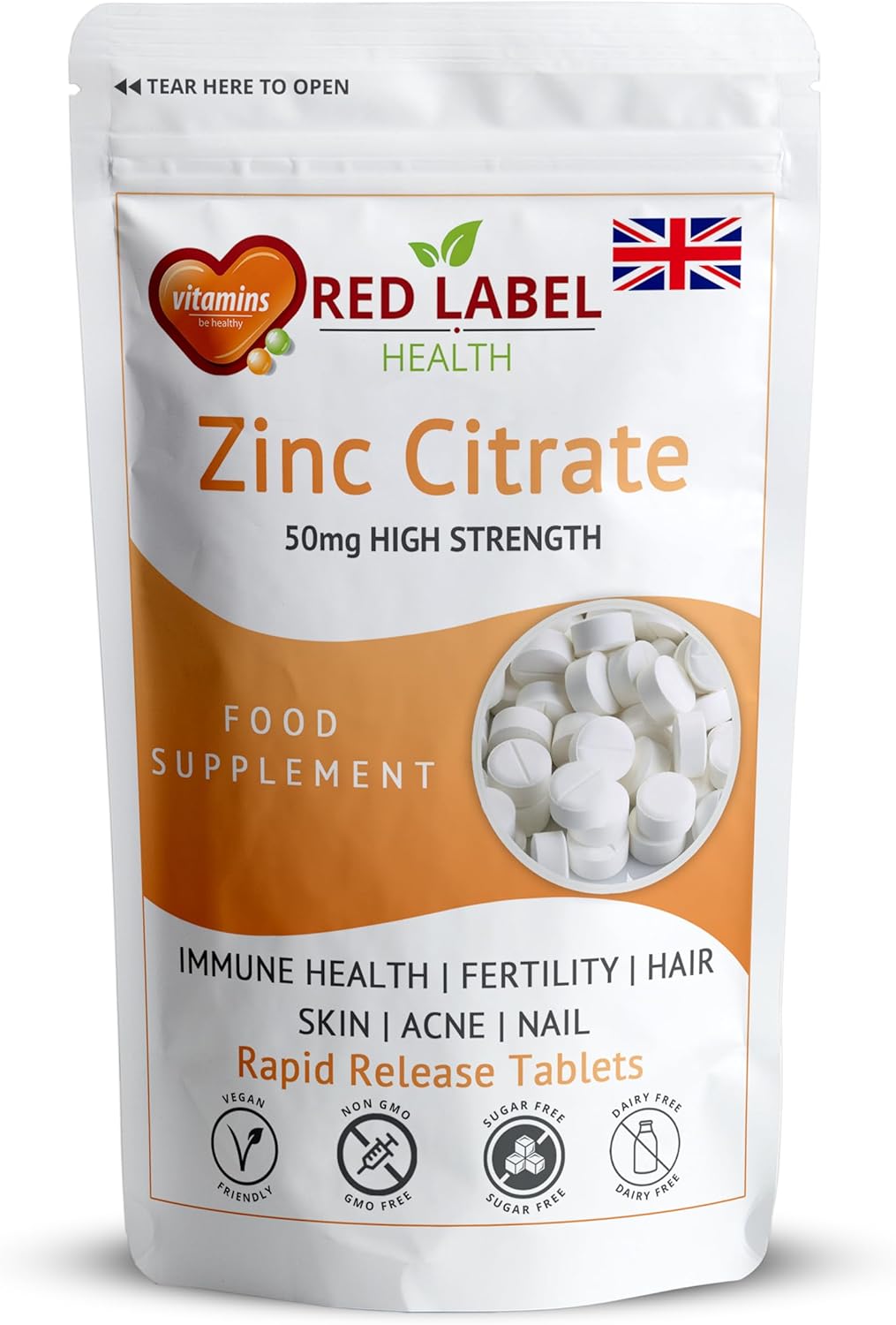 Red Label Health Zinc Citrate High Strength 50mg 365 Vegan Tablets 1 Year Supply High Absorption zinc Supplements for Men & Women Immune System, Fertility, Bones, Vision, Skin, and Nail