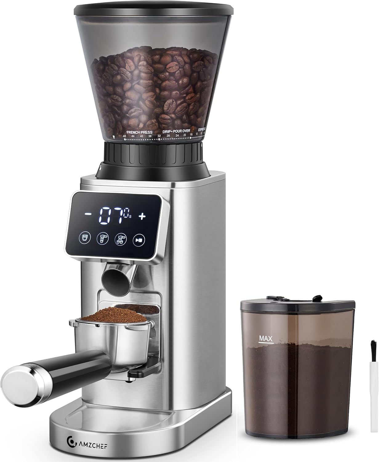 AMZCHEF Coffee Grinder, Burr Coffee Bean Grinder for Home Use with 48 Precise Grind Settings, Detachable Funnel Stand for Espresso, LED Control Panel, Anti-static Design, silver