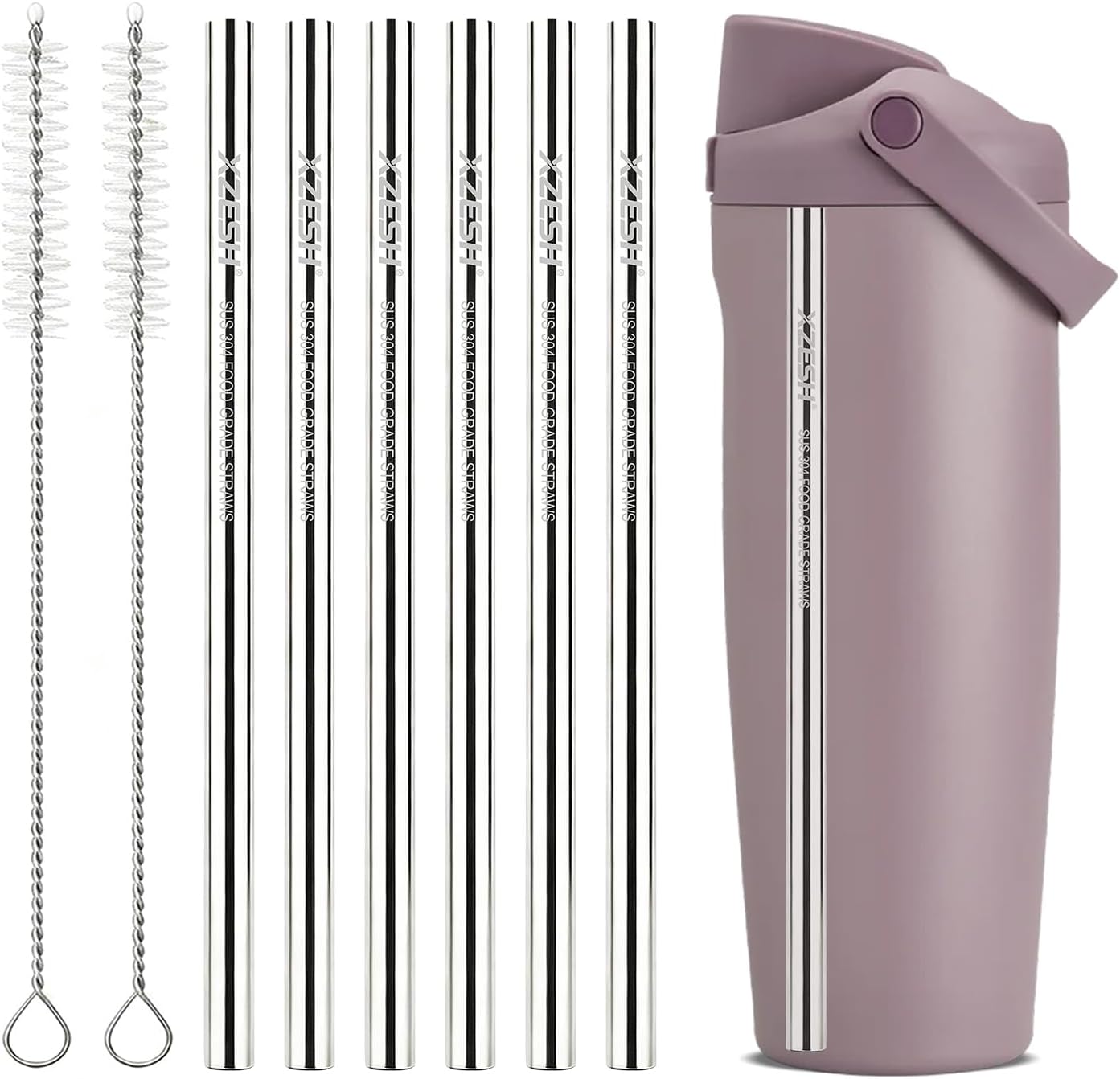 6Pcs Metal Straw Replacement Compatible With Owala FreeSip Sway 40oz Water Bottle, With 2 Straw Cleaner, Reusable Stainless Steel Straws for Owala