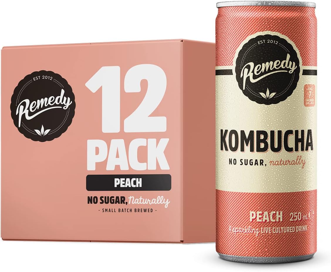 Remedy Kombucha Tea - Peach - Sparkling Live Cultured, Naturally Sugar Free Soft Drink - Prime Probiotic for Gut Health - 12 x 250ml