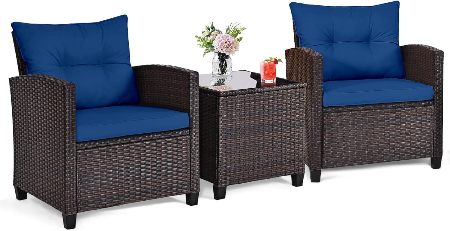 ORALNER 3 Pieces Patio Furniture Set, Outdoor Wicker Conversation Set Rattan Chairs with Cushions, Glass Coffee Table, Bistro Set for Front Porch Balcony Garden Deck Poolside (Navy)
