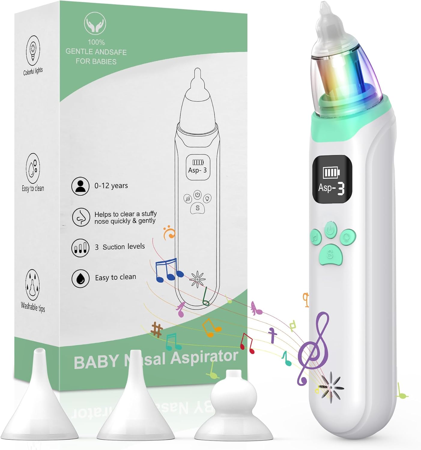 DIHOOM Nasal Aspirator Baby, Electric Nose Suckers, 3 Silicone Tips and 3 Suction Levels, Anti-Backflow Snot Sucker for Newborns, Toddlers, Soothing Function with Music and Light