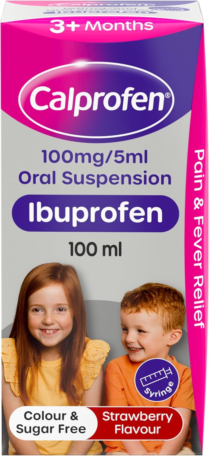 Calprofen Oral Suspension Ibuprofen (1 x 100 ml) Sugar-Free Strawberry Flavour Painkiller with Ibuprofen for Fever & Pain Relief, Suitable for 3+ Months Babies & Kids