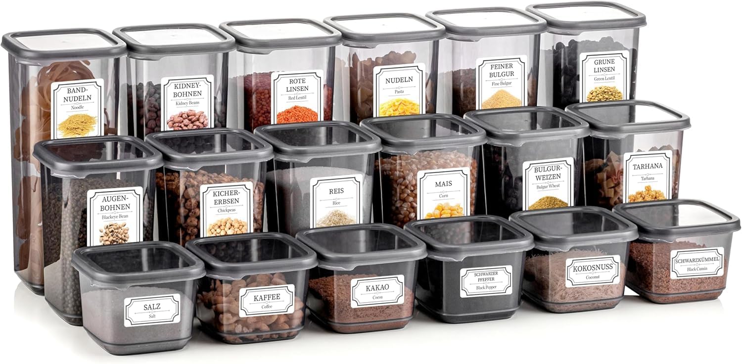MuauM Storage Jars with Lid, Airtight, Set of 18 Storage Containers, Kitchen Storage and Organisation, Kitchen Organiser, Storage Jars for All Dry Foods, BPA Free (Anthracite/Set of 18)