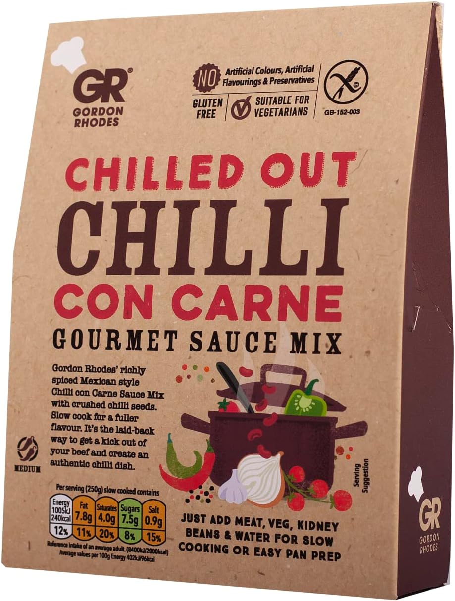 Gordon Rhodes' richly Spiced Chilled Out Chilli con Carne Gourmet Recipe Sauce Mix with Crushed Chilli Seeds. Easy to Prepare - Gluten-Free & Suitable for Vegetarian (1 x75gm)