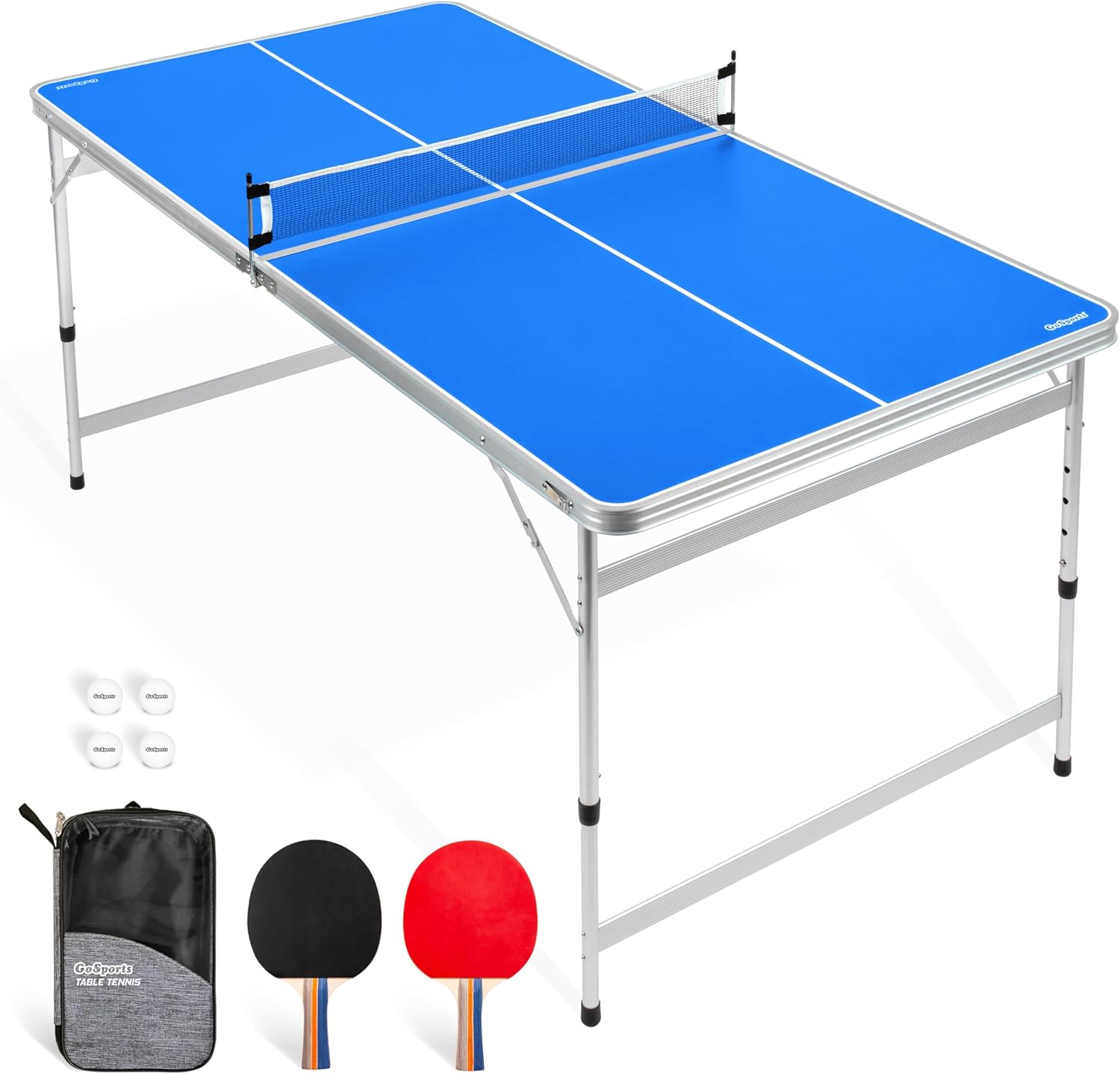 GoSports 6 x 3 ft Mid-Size Table Tennis Table Set with Adjustable Height - Green or Blue