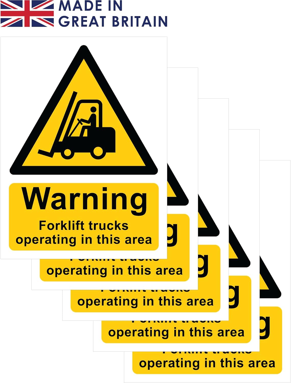 Pack of 5 self adhesive vinyl safety signs 135mm x 180mm -Warning Forklift trucks operating in this area