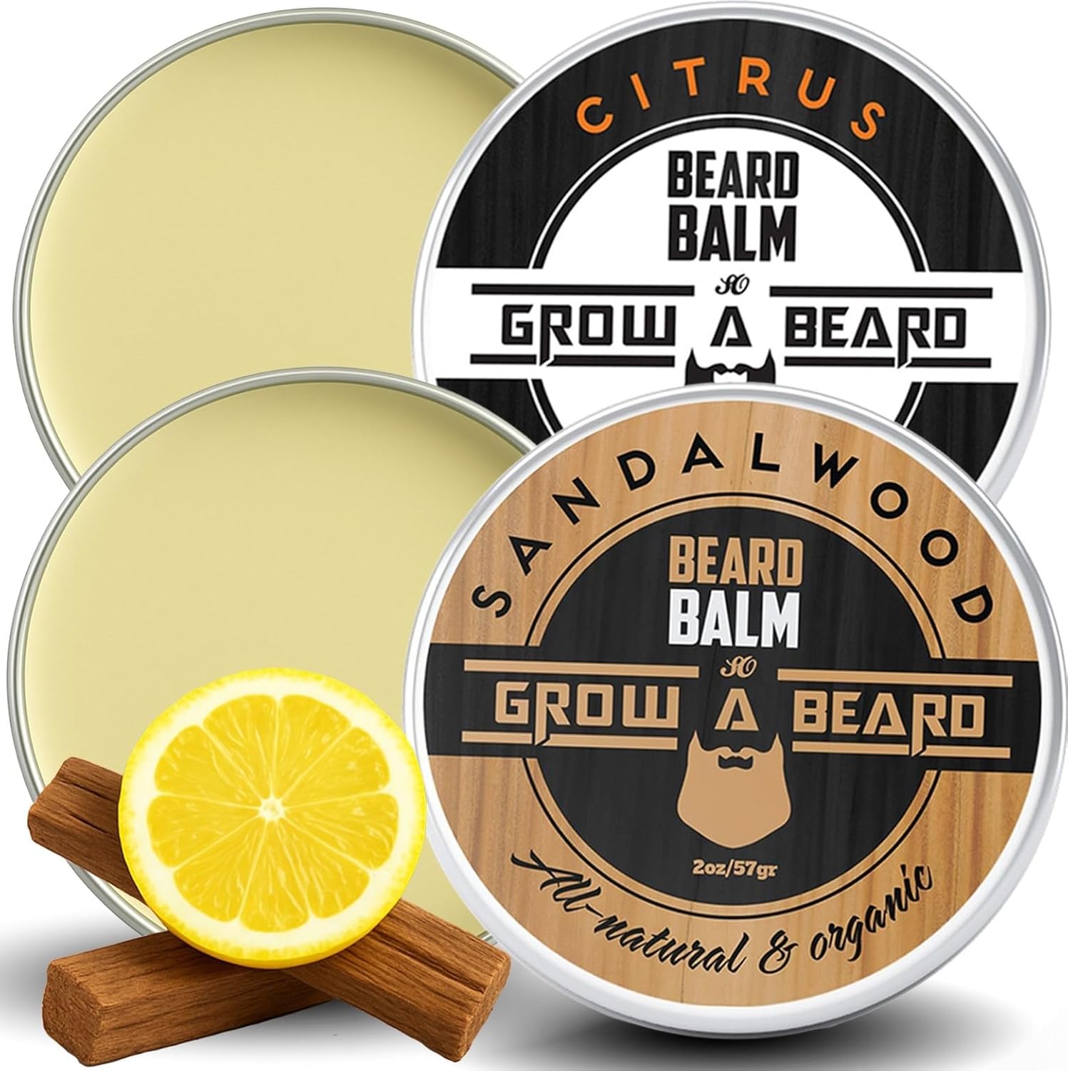 Beard Balm for Men, 2oz Sandalwood & 2oz Citrus Scent, w/Jojoba Oil & Shea Butter, Styling Cream for Men, Moisturizer & Softener, Beard Care Leave in Conditioner (2 Pack)