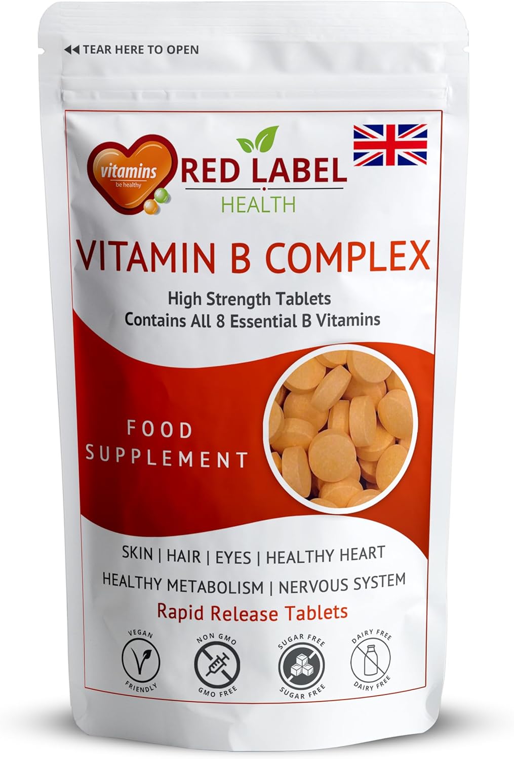 Red Label Health Vitamin B Complex High Strength 360 Tablets (1 Year Supply) - B1, B2, B3, B5, B6, B12, Biotin & Folic Acid for Men & Women, Vegan & Vegetarian-Friendly
