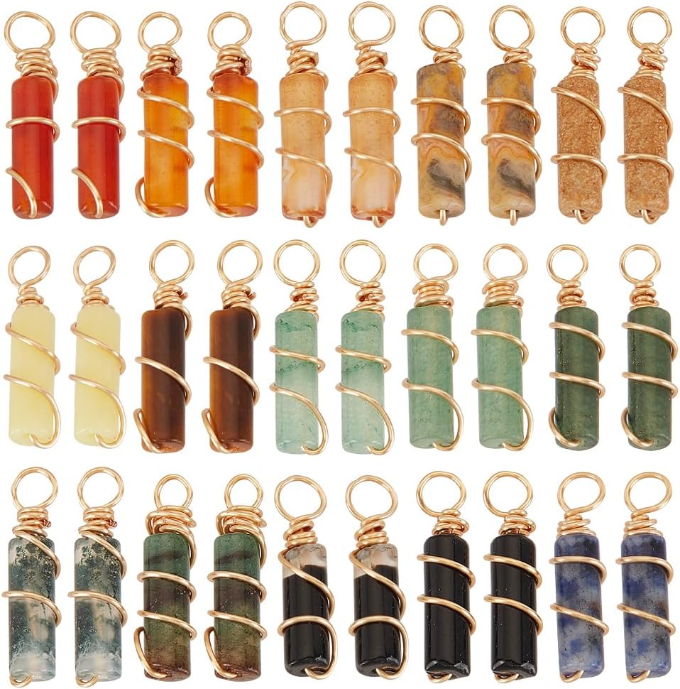PH PandaHall 30Pcs Natural Stone Pendants 15 Styles Column Crystal Pendant Quartz Gemstone Charm Gemstone Pendants Copper Wire Wrap Charms for Necklace Jewelry Making Gift Wedding Birthday, 21mm