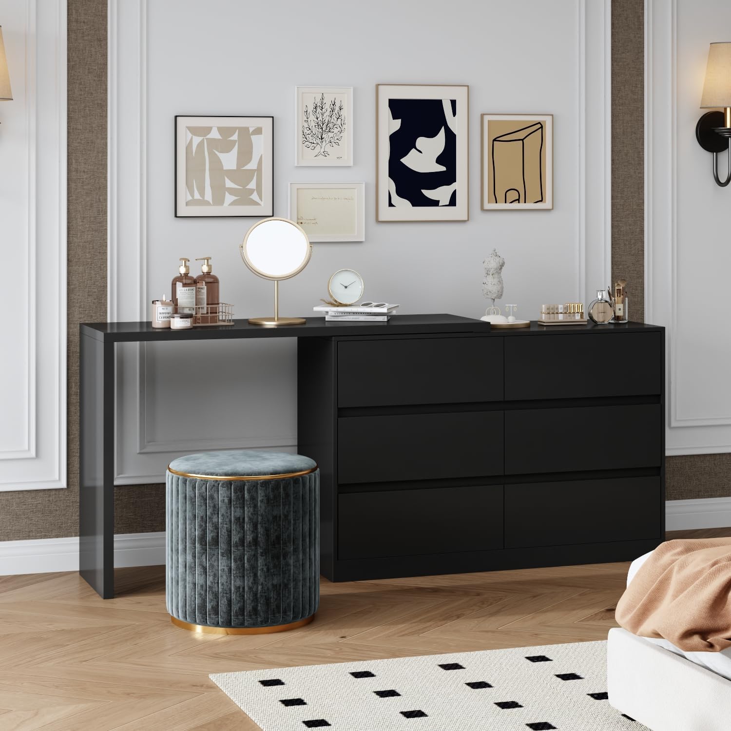 6 Drawer Dresser with Rotatable Tabletop, Modern Chest of Drawers with Extendable Desk (No More Than 98" W), Drawer Organizer for Bedroom Home Office, Black Dresser