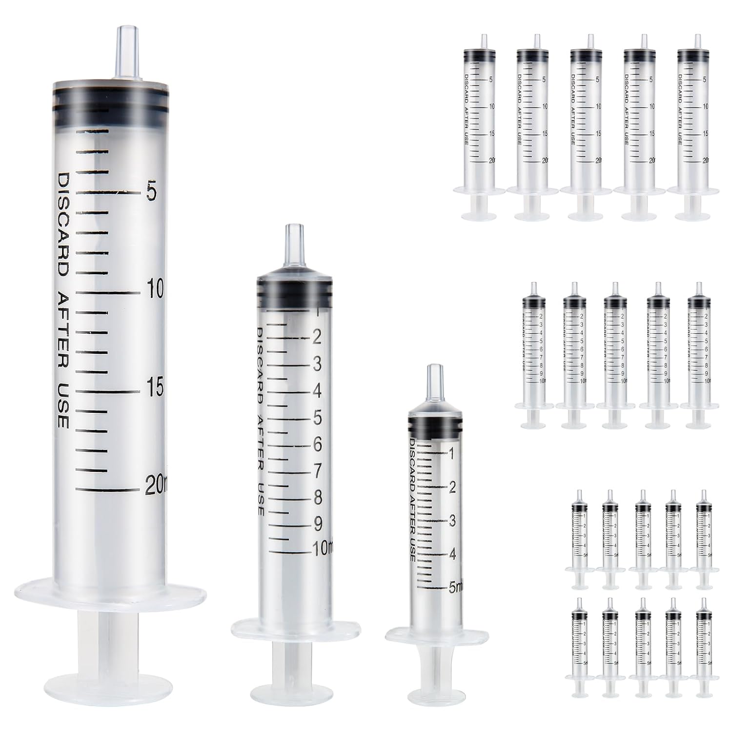 20 Pcs Syringe Set 3 Specifications (5ml,10ml,20ml) Plastic Syringes Individual Packing No Needle Syringe for Labs Liquids Refilling and Measuring Pets Feeding Perfume Filling