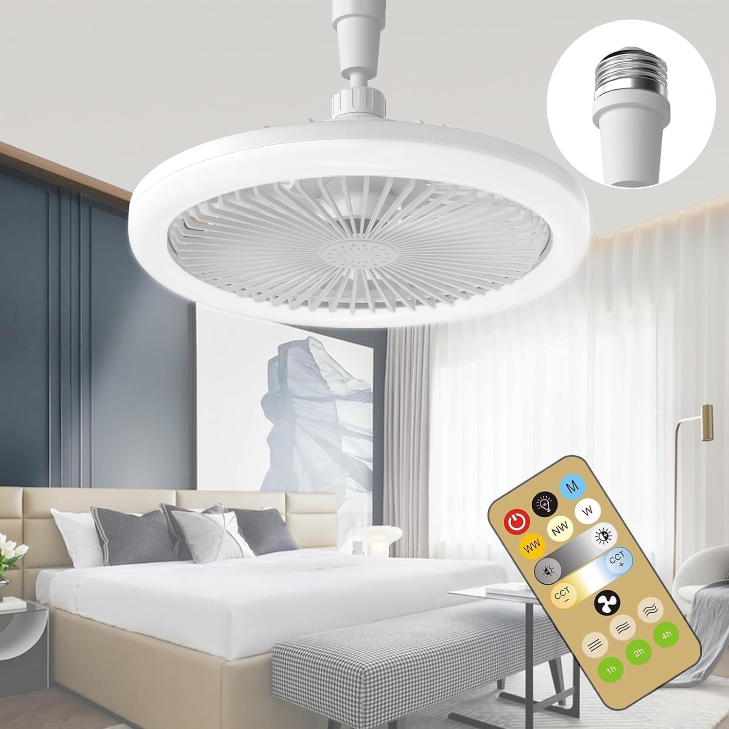 Ceiling Fan with LED Lights,E27 30W Noiseless Ceiling Lamp with Fan and Remote,1/2/4H Timing,3 Color Dimmable LED,3 Speeds Led Ceiling Fans for Bedroom Living Room Dorm