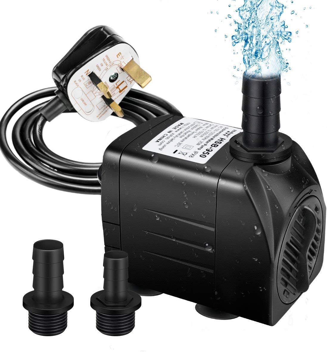 Powcan Water Pump Submersible Water Pump 400Gph 1500L/H Ultra-Quiet 25W Fountain Pond Aquarium Fish Tank Pump with 48 Hours Anti Dry Burning, 6.9ft(2.1m) High Lift, 6.56ft(2m) Power Cord, 2 Nozzles
