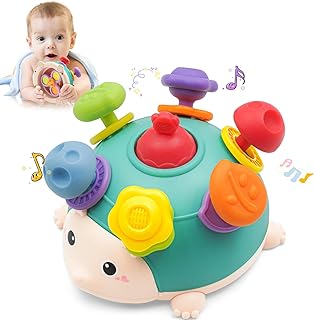 VViN Hedgehog Teether for Babies 6 9 12 18 Months, Colorful 3-in-1 Rattle, Teether, Spin Toddler Sensory Toys- Montessori Toys for 1 Year Old, Ideal for Teething Relief, Travel, & Gift Giving (Blue)