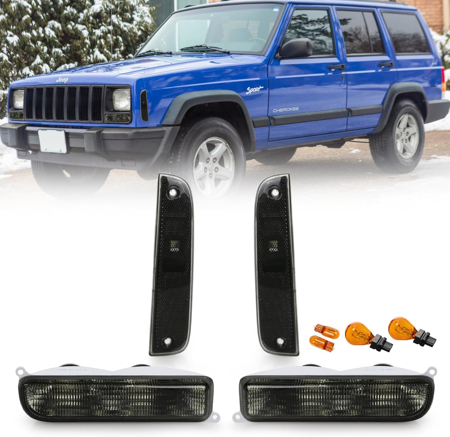 DEPO 4 Pieces COMBO Smoke Bumper Turn Signal Lights + Corner Side Marker Lamp Set (Left + Right) Compatible with 1997-2001 Cherokee XJ Chassis