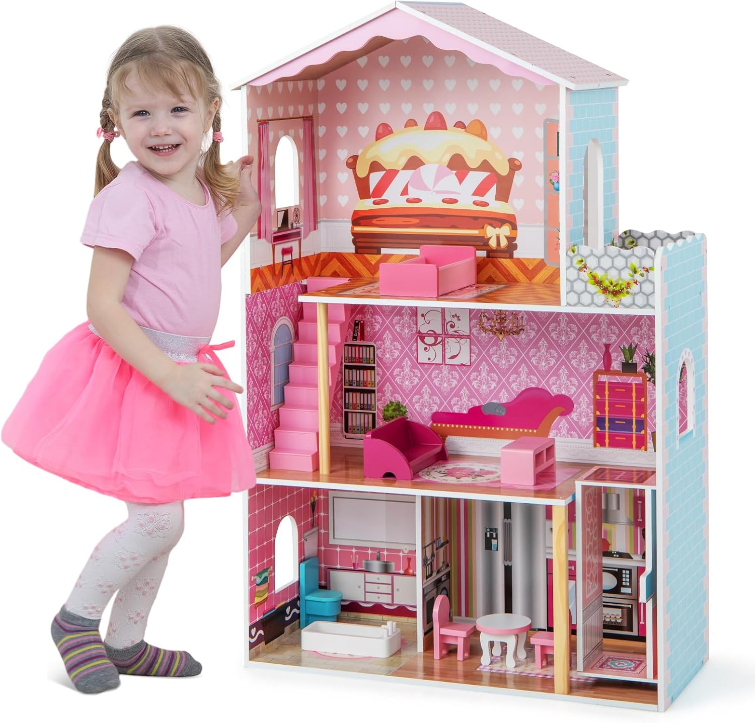 GYMAX Kids Dollhouse, 3 Storey Wooden Dolls House with Simulated Rooms and Accessories, Large Doll House for Girls Boys Aged 3 Years Old+ (70x30x108cm 9 Furniture)