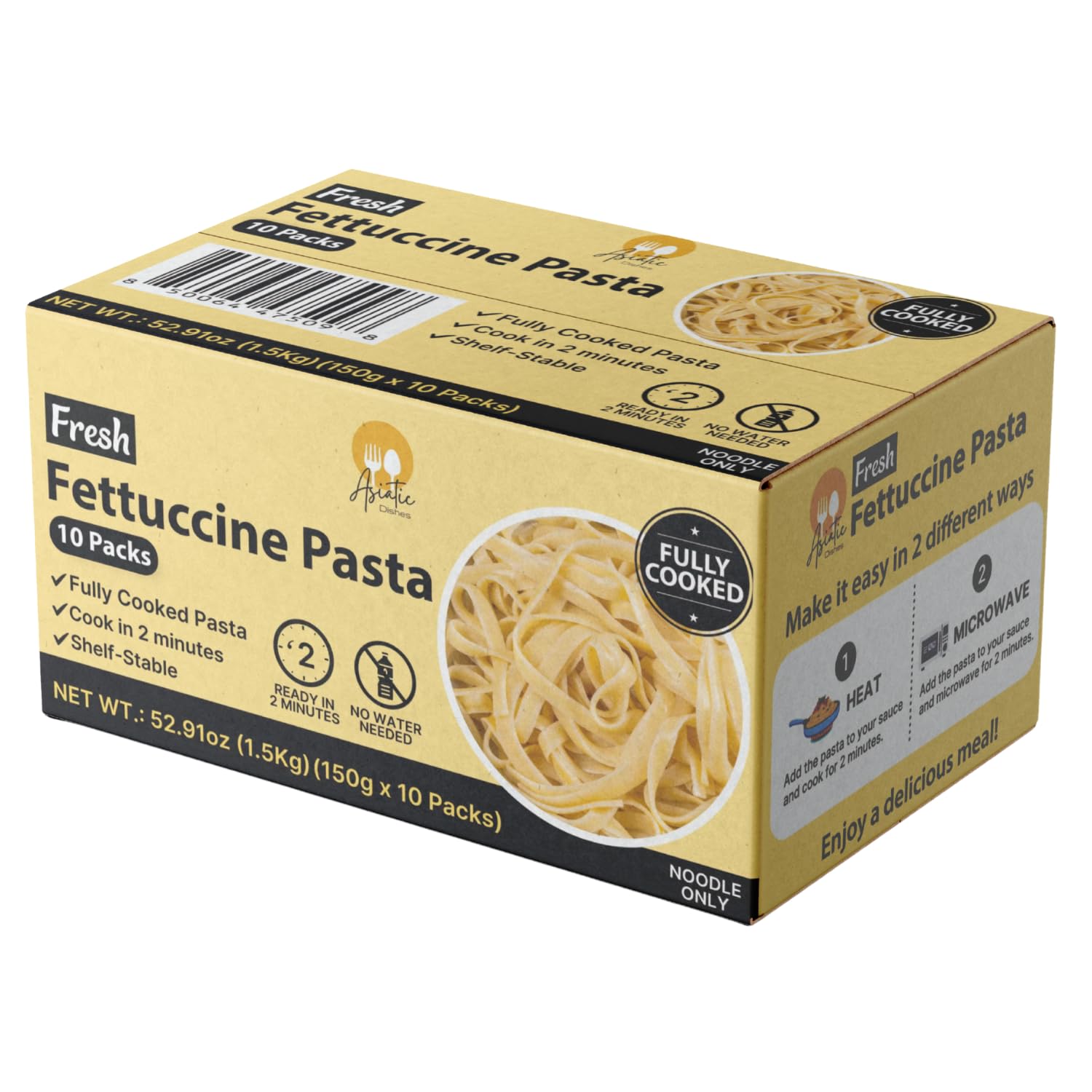 Asiatic Dishes Fresh Italian Fettuccine Pasta Noodles, Fully Cooked Non Fried Chewy Noodle, 9g Protein, Quick and Easy, Ready In 2 Minutes, 52.91oz Pack Of 10