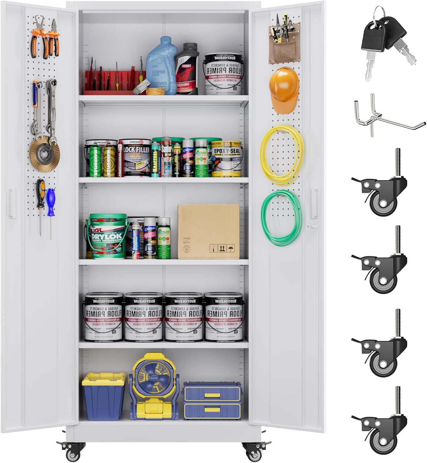 73''H Metal Garage Storage Cabinet with Pegboard, Rolling Tool Cabinets on Wheels,Steel Locker for Garage Office School Home Warehouse Utility Room, Assembly Require,White