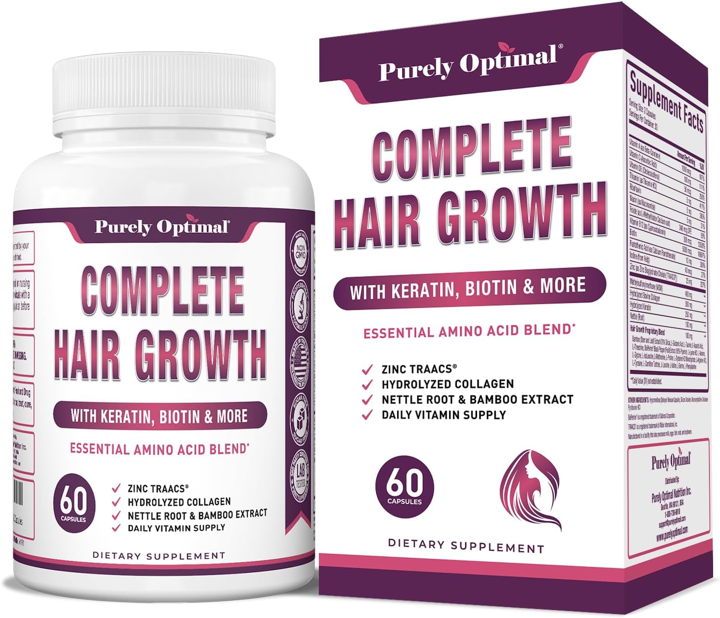 Purely Optimal Hair Growth Vitamins – Supports Thicker, Stronger Hair Growth, Healthy Skin & Nails – Biotin, Collagen, Keratin – Easy-to-Take, Unflavored, 60 Capsules