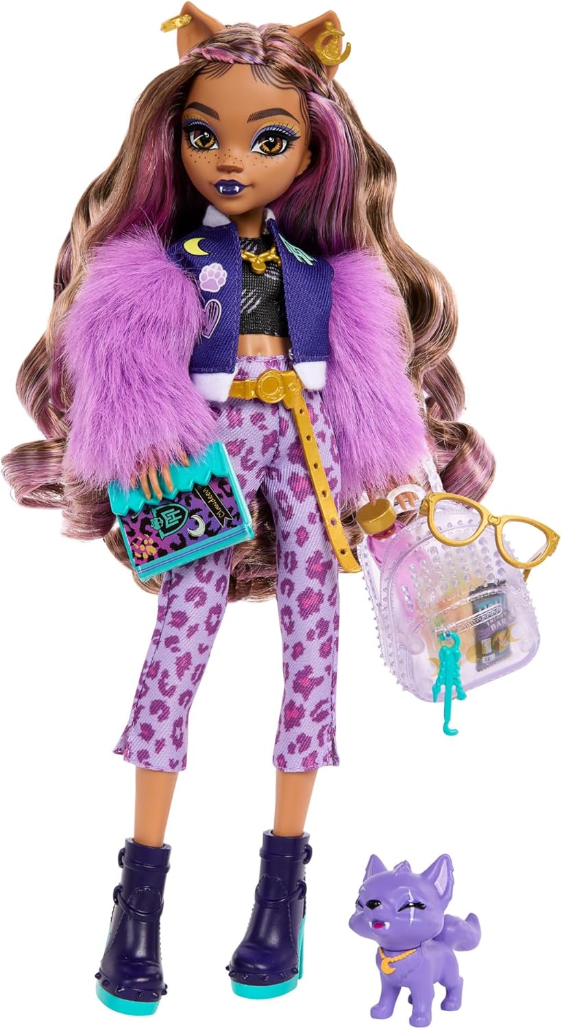 Monster High Clawdeen Age 4+ Wolf Doll with Pet Dog Crescent and Accessories like Backpack, Planner, Snacks and More, HRP65