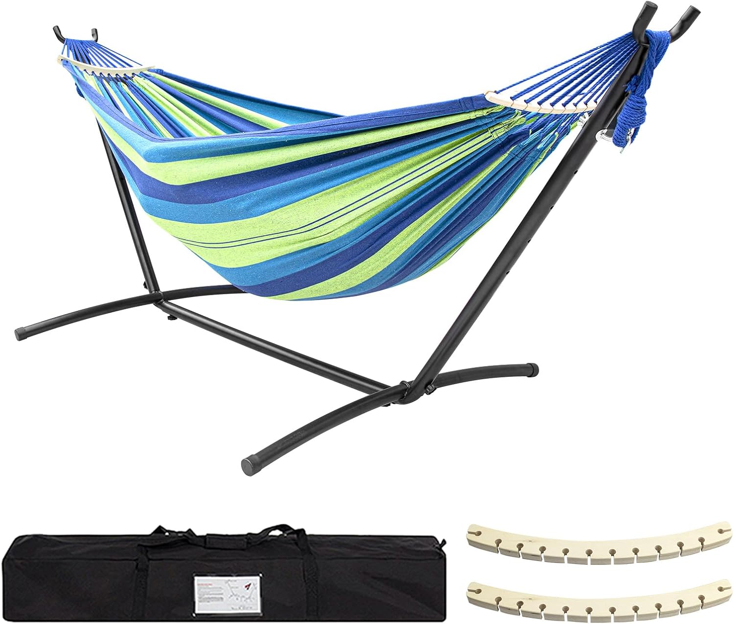 SZHLUX Double Hammock with Stand Included 450lb Capacity Steel Stand, Premium Carry Bag Included.Indoor Outdoor Brazilian-Style Cotton Bed for Backyard, Camping,Garden