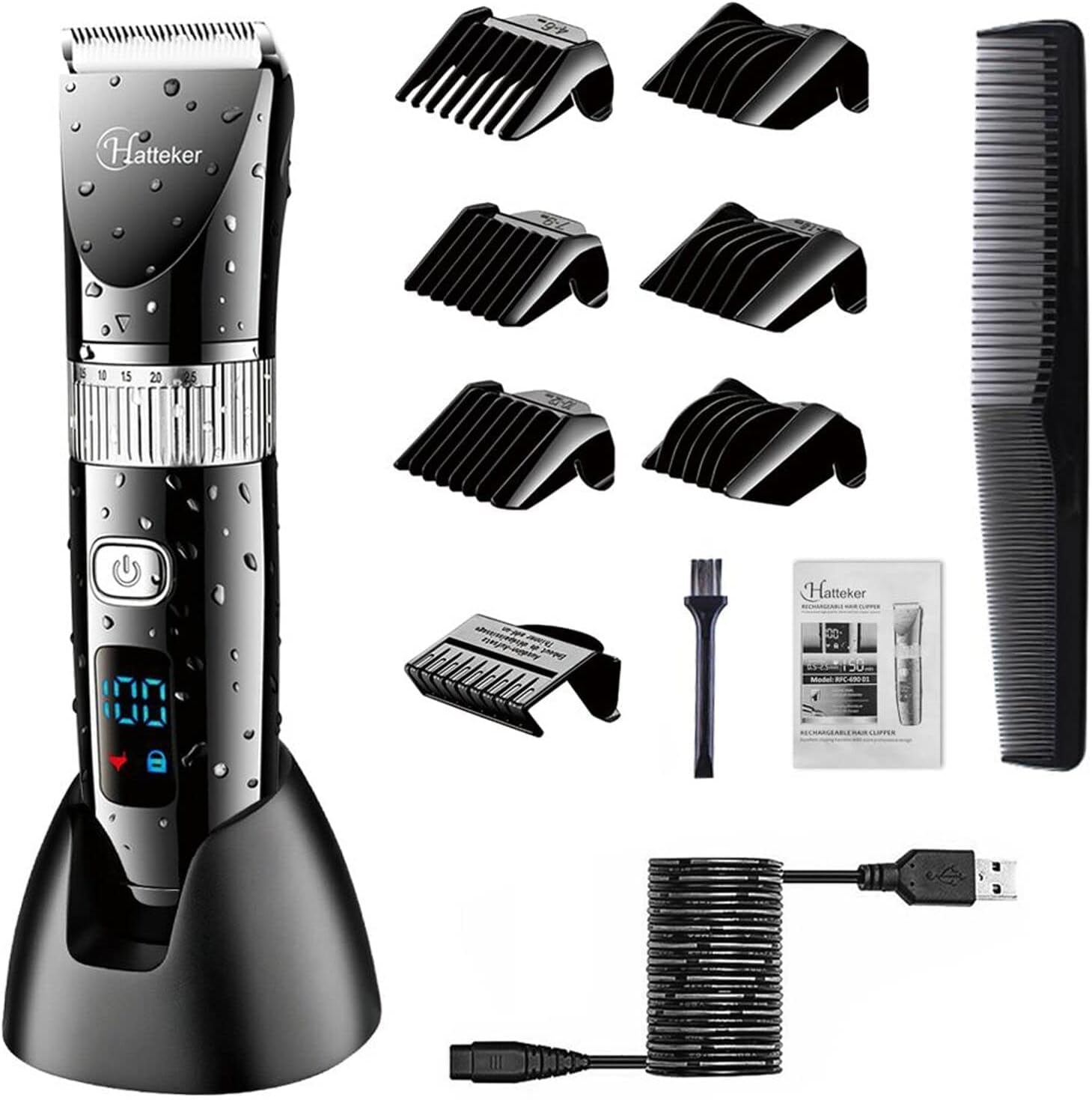 Hatteker Professional Hair Clipper Cordless Clippers Hair Trimmer Beard Shaver Electric Haircut Kit Ceramic Blade Waterproof Rechargeable Battery LED Display for Men and Family Use