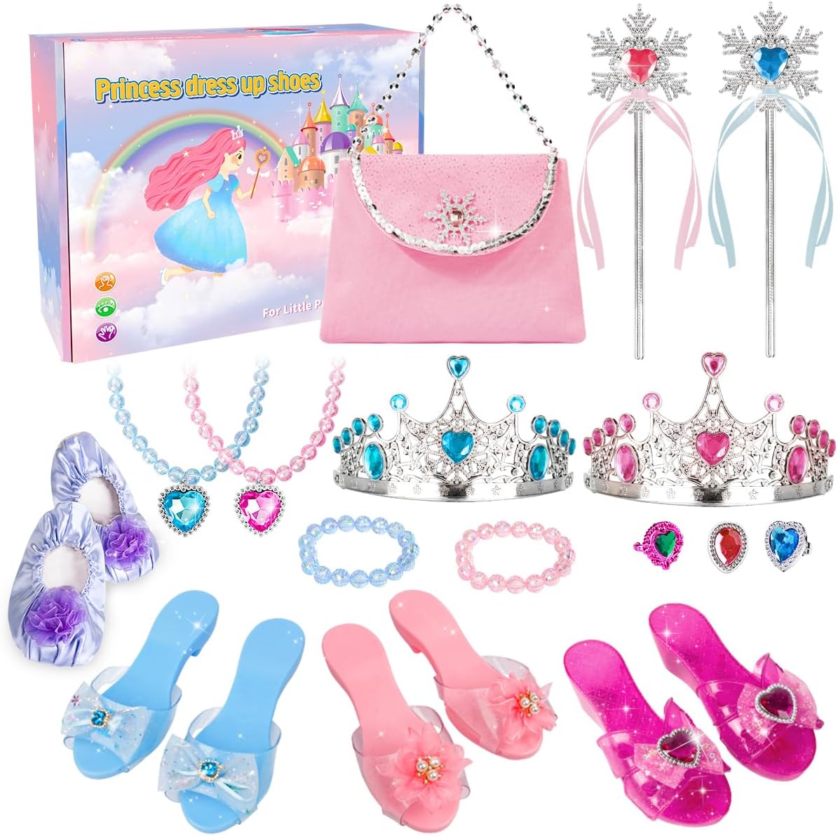Princess Dress Up Shoes - Princess Toys with Play Shoes & Pretend Jewelry Accessories Dress Up Girls Gifts Toys for Little Girls Aged 3,4,5,6 Birthday