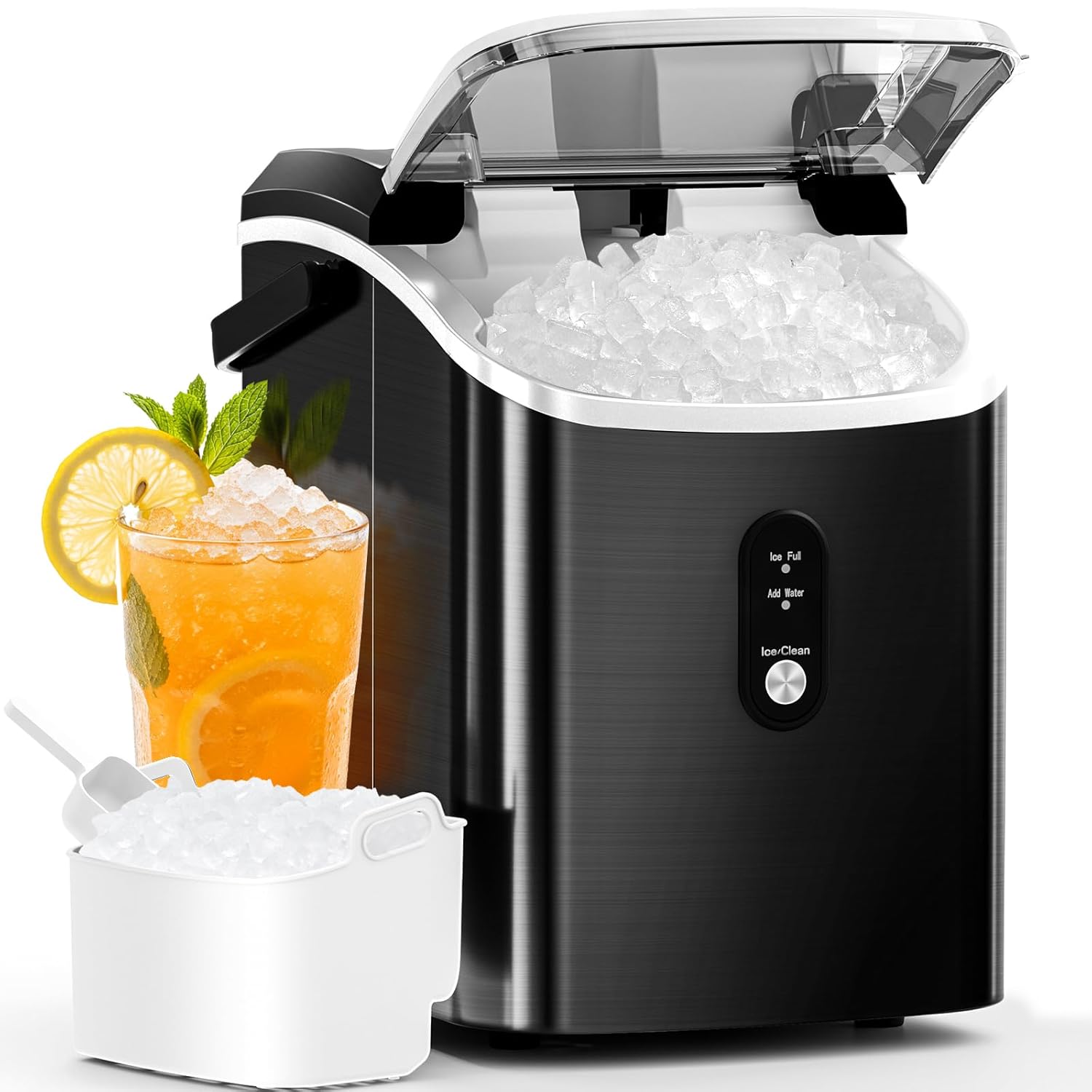 Antarctic Star Nugget Ice Maker Countertop with Soft Chewable Ice, Portable Sonic Ice Maker with Basket and Scoop, Removable Top Cover, Auto-Cleaning for Home/Party/RV/Camping (Stainless Steel Black)