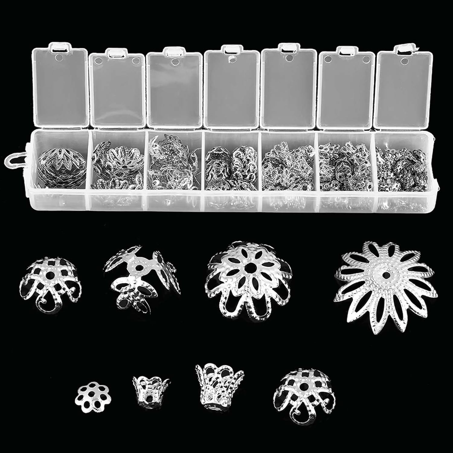 Tbest 300Pcs 7 Sized Flower Shaped Spacer Bead Cap Jewelry Making Findings Metal Accessories Gold Beads Bead Assortments Jewelry Tools and Accessories (Silver)