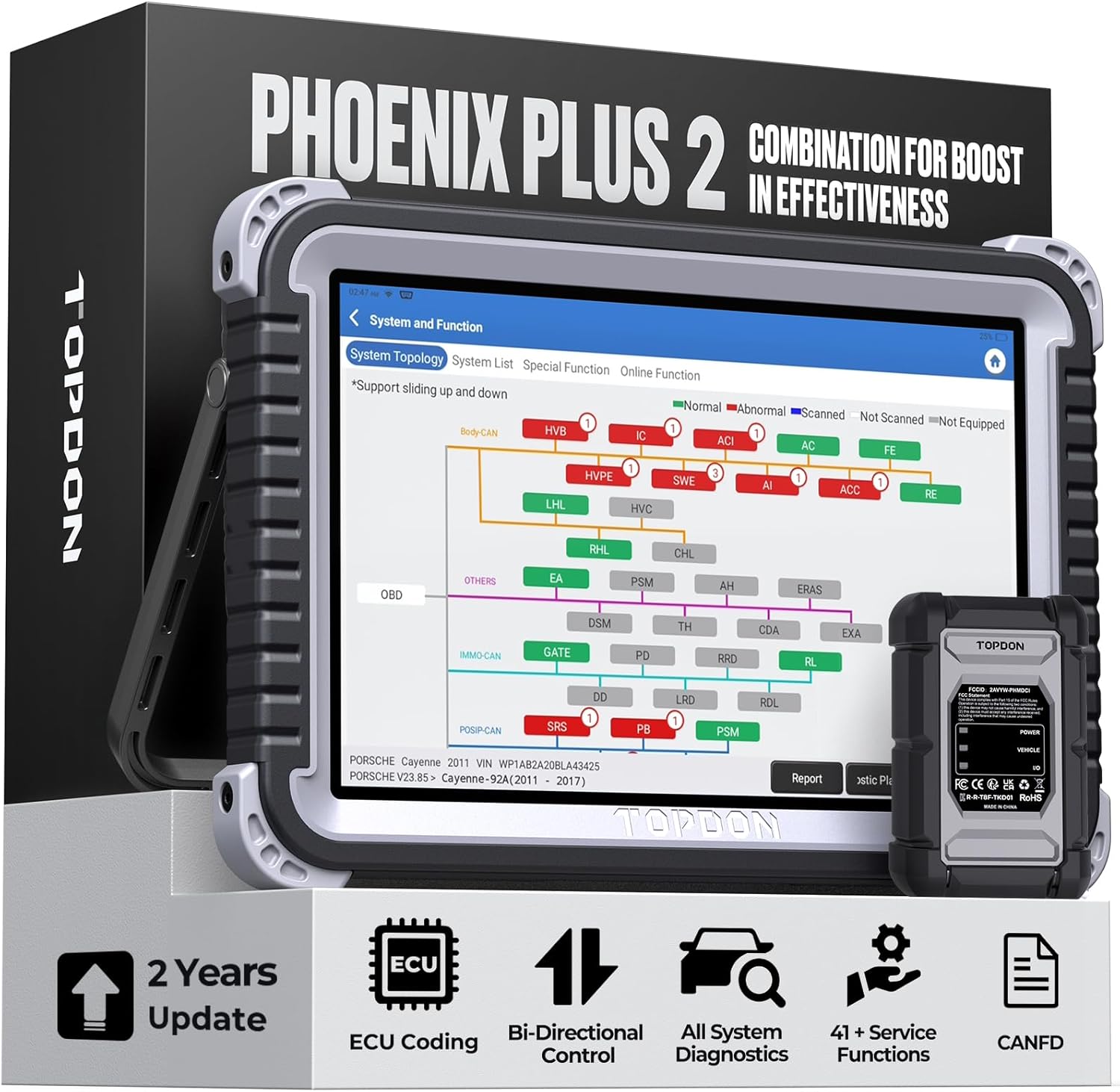 TOPDON Car Diagnostic Tool Phoenix Plus Advanced ECU Coding, OE-level all System Diagnostic Scanner with 41+ Reset Service, Guided Function, Bi-Directional scan tool, FCA AutoAuth, Android 10.0